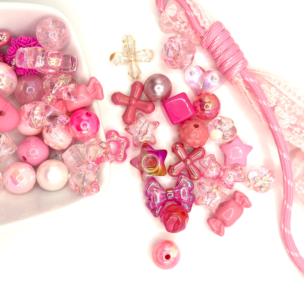 XOXO Sweetheart Bead Mix | Pink Valentine Bead Soup | with optional Lace Paracord | Keychains, Bracelets, Pens