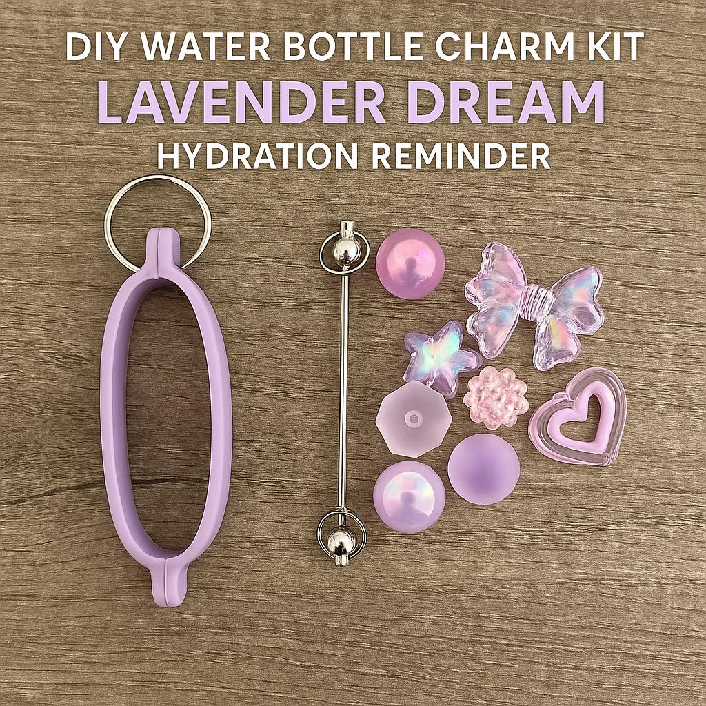 DIY Water Bottle Charm Keychain Kit Lavender Dreams Beads & Silicone Band Hydration Reminder